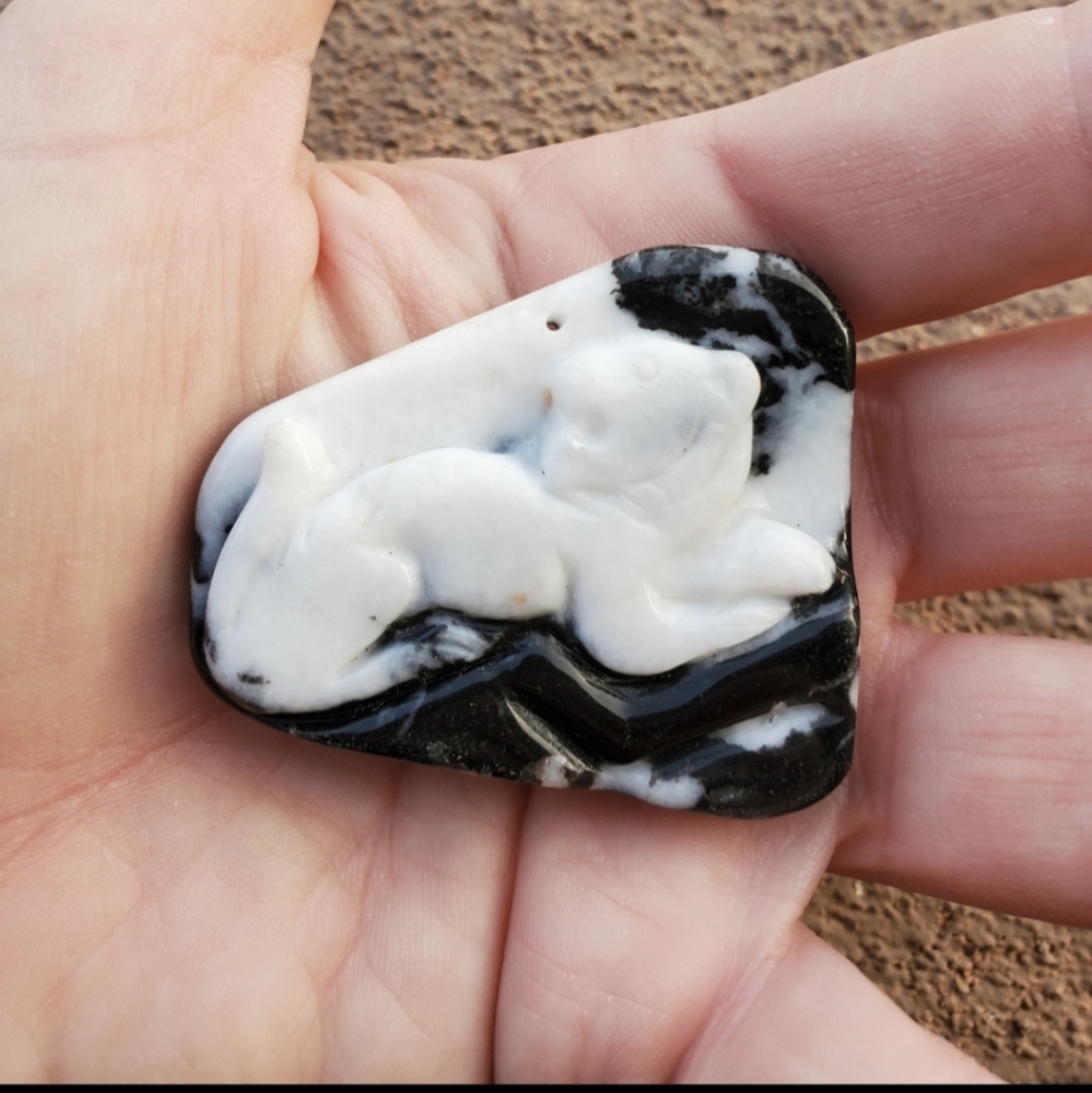 New Hand Carved Zebra Jasper Tiger Trapezoid Pendant.